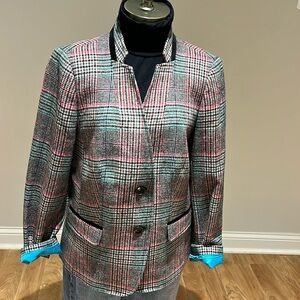 NEW! Talbots Aberdeen pink black green plaid wool blend blazer size 12